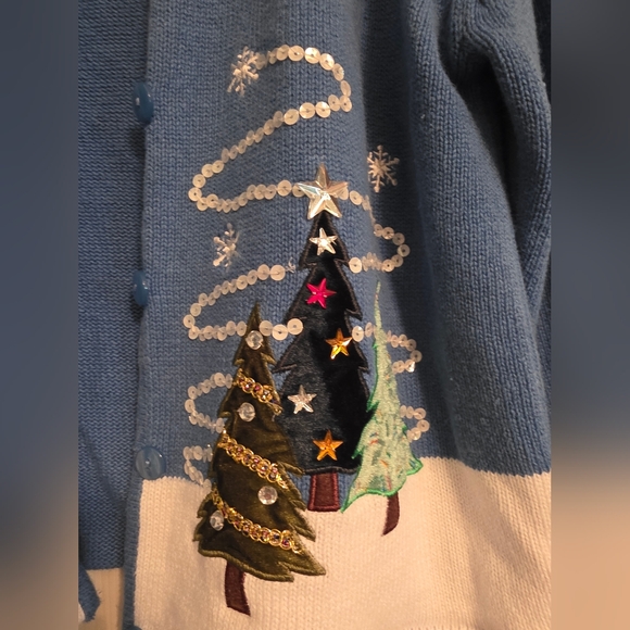 Blue Holiday Sweater with Tree Embellishments - Picture 3 of 6